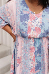 floral blue pink knee length v-neck dress, modest dresses, plus sized modest dresses