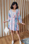 floral blue pink knee length v-neck dress, modest dresses, plus sized modest dresses