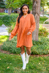 pumpkin orange swiss dot knee length dress, modest dresses, plus sized modest dresses