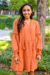 pumpkin orange swiss dot knee length dress, modest dresses, plus sized modest dresses