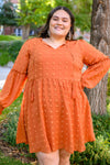 pumpkin orange swiss dot knee length dress, modest dresses, plus sized modest dresses