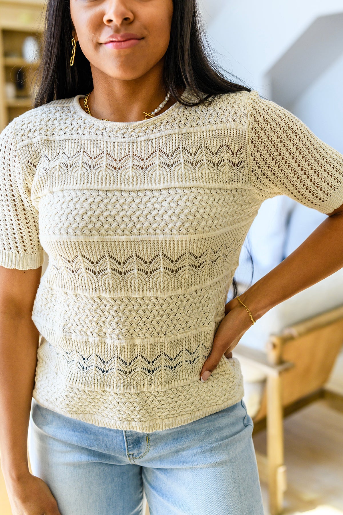 crocheted cream top, modest clothing, modest clothes