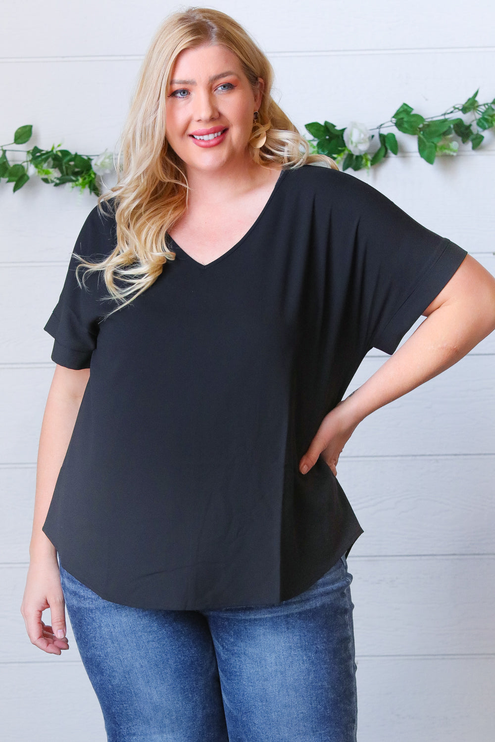 Black Woven Wool Dobby Rolled Sleeve V Neck Top