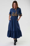 golden embroidered midi length dress, modest dresses, modest clothing women plus