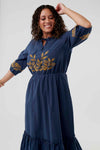 golden embroidered midi length dress, modest dresses, modest clothing women plus