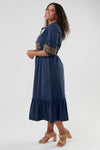 golden embroidered midi length dress, modest dresses, modest clothing women plus