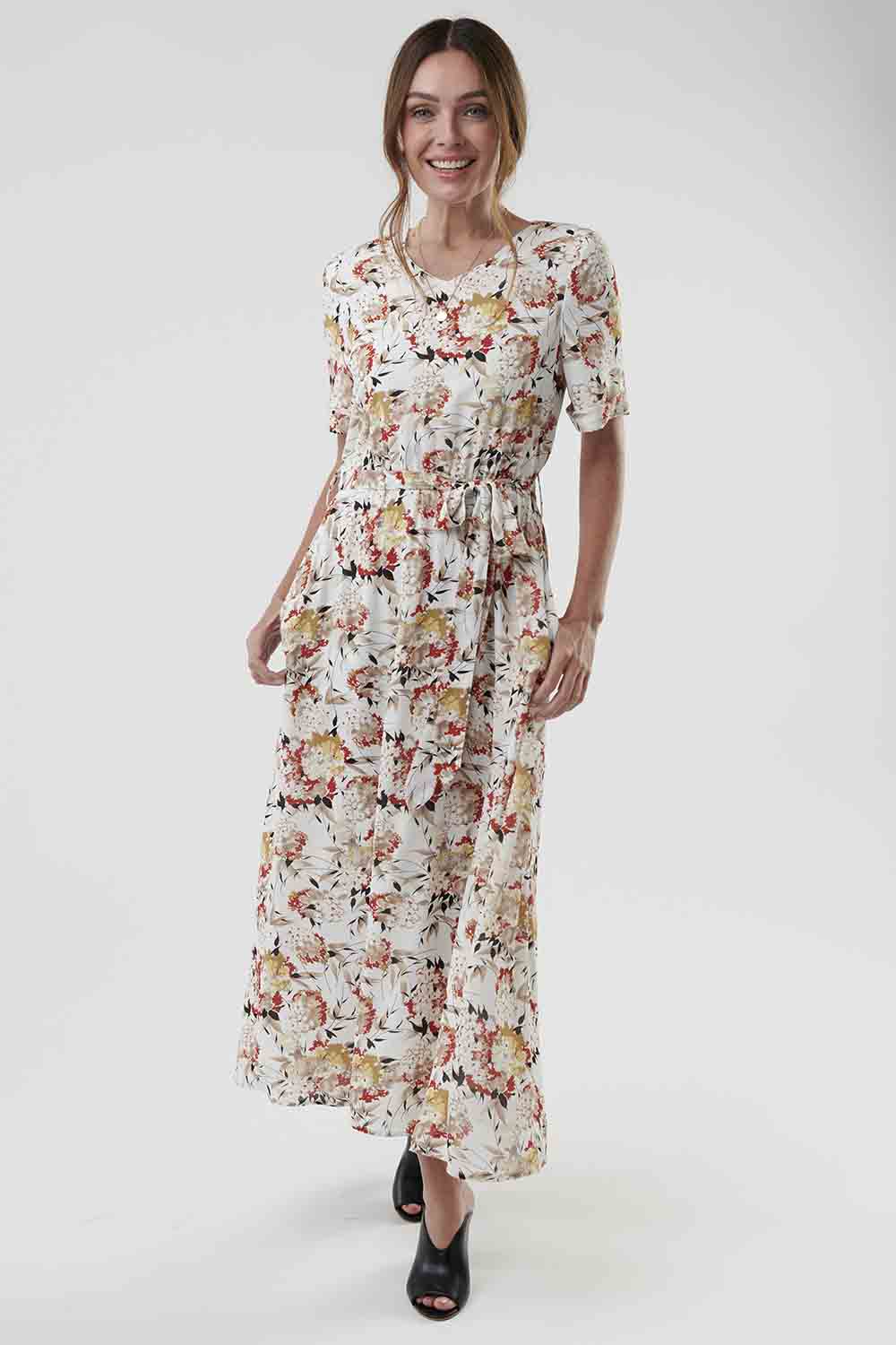 Floral V-Neck Ruffle Half Sleeve Dress, Modest Dresses, Modest Clothes Women Plus