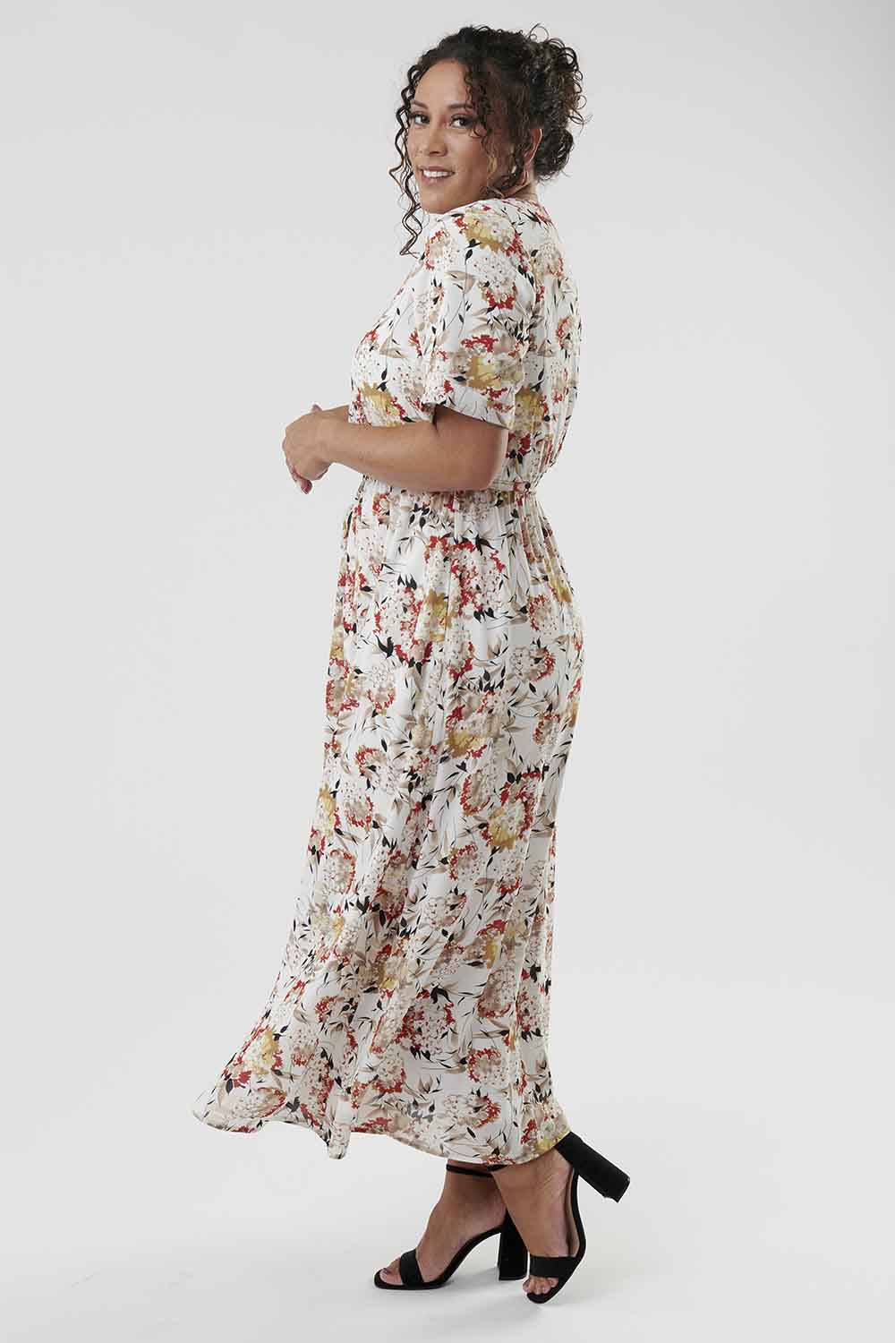 Floral V-Neck Ruffle Half Sleeve Dress, Modest Dresses, Modest Clothes Women Plus