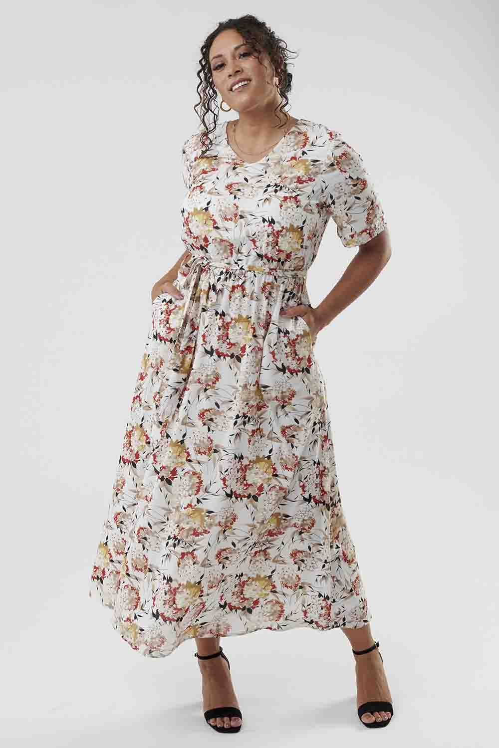 Floral V-Neck Ruffle Half Sleeve Dress, Modest Dresses, Modest Clothes Women Plus