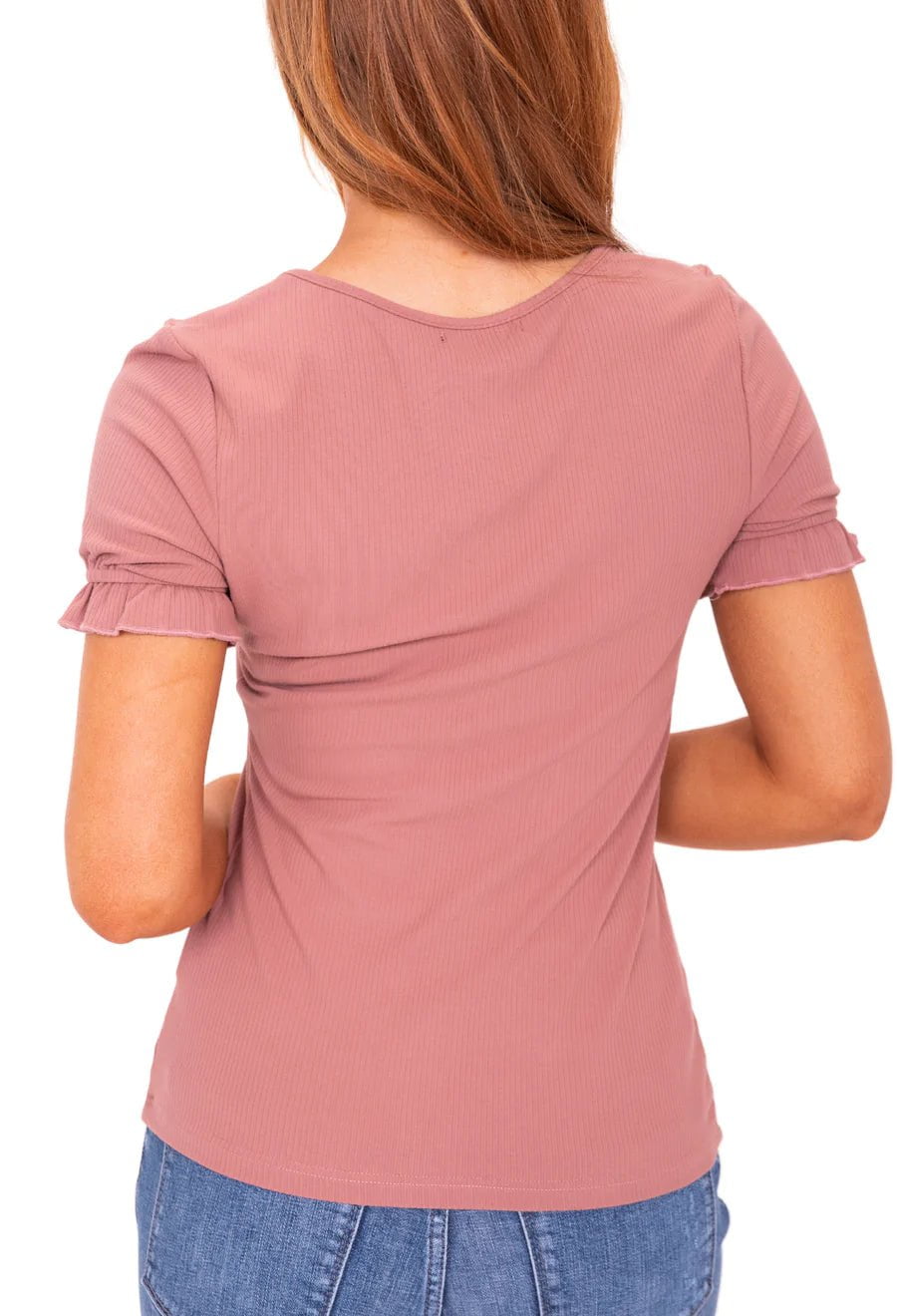 rose ruffle v-neck tee, modest shirts for women, modest clothing plus women