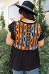 Aztec Print Short Flutter Sleeve Black Top, Modest Clothing, Modest Clothes Women Plus