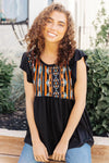 Aztec Print Short Flutter Sleeve Black Top, Modest Clothing, Modest Clothes Women Plus