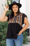 Aztec Print Short Flutter Sleeve Black Top, Modest Clothing, Modest Clothes Women Plus