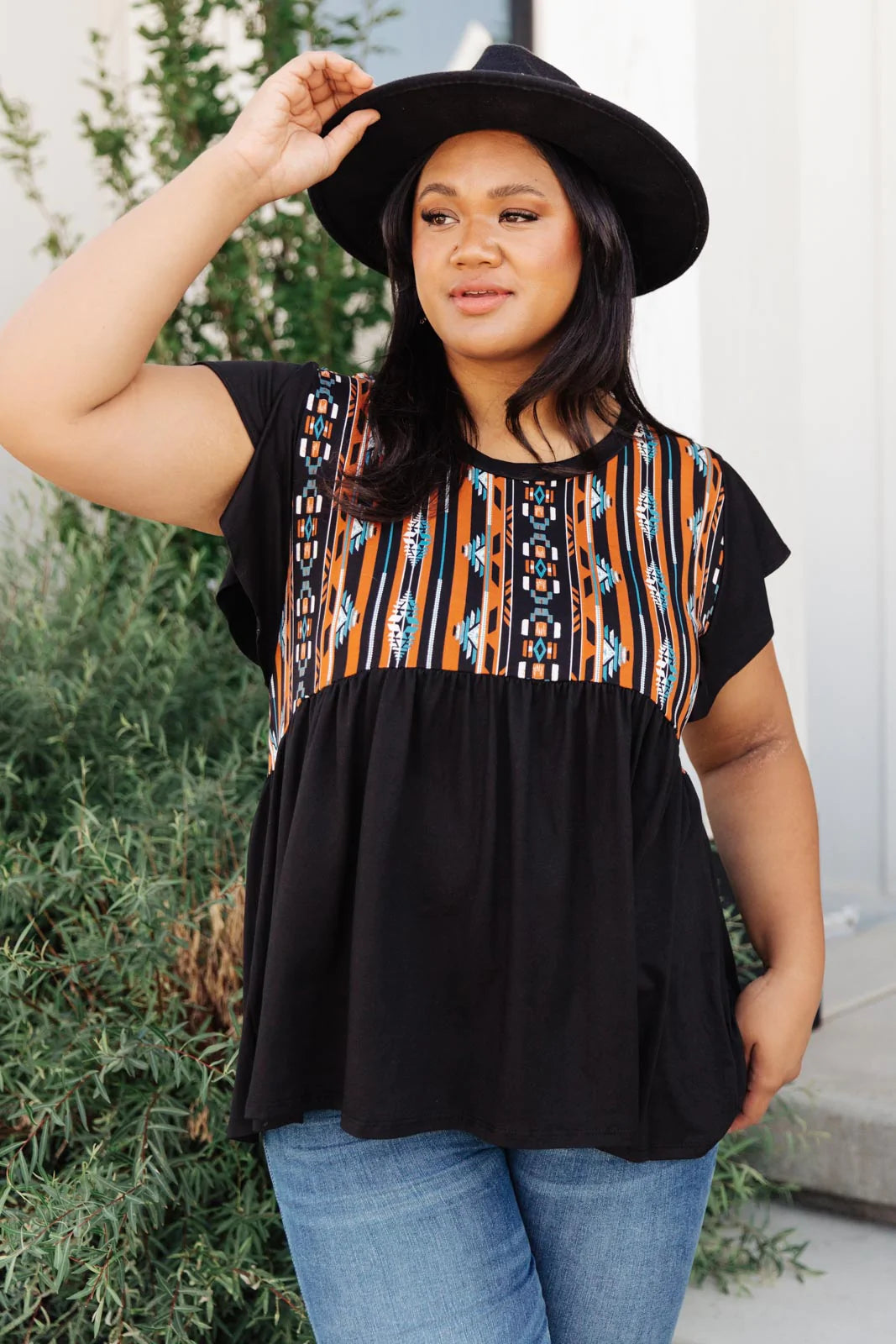 Aztec Print Short Flutter Sleeve Black Top, Modest Clothing, Modest Clothes Women Plus