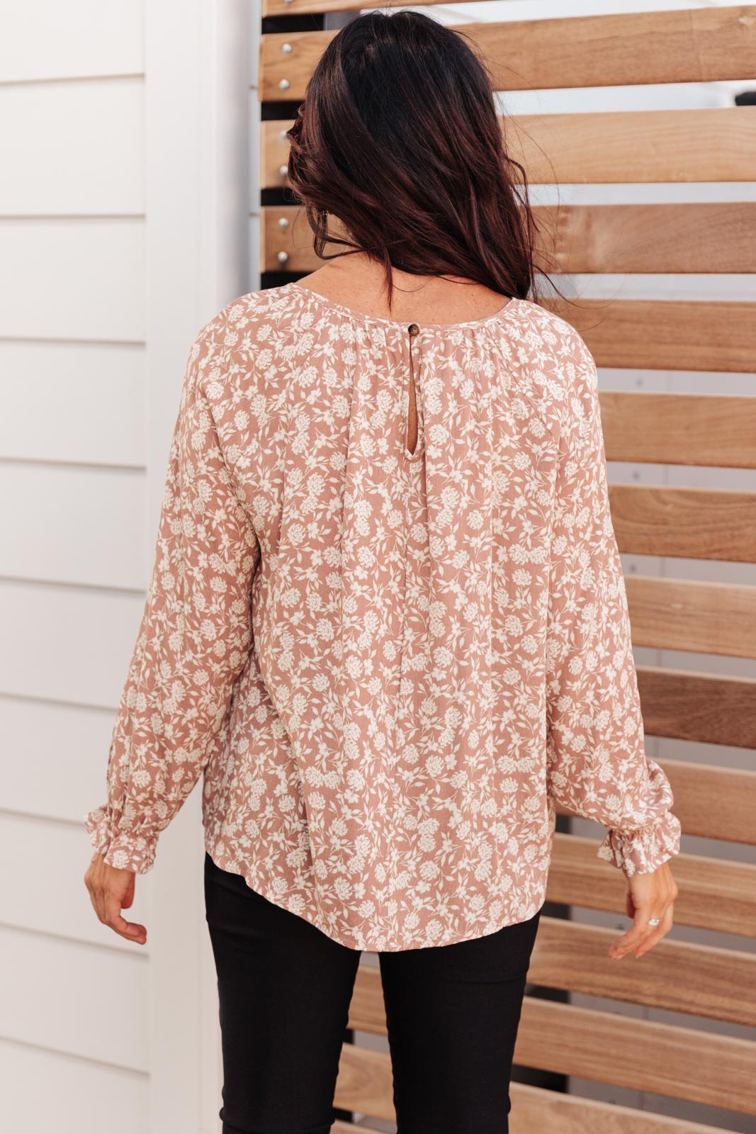 Floral Brown Long Sleeve Round Neckline Top, Modest Clothing, Modest Clothes Women Plus